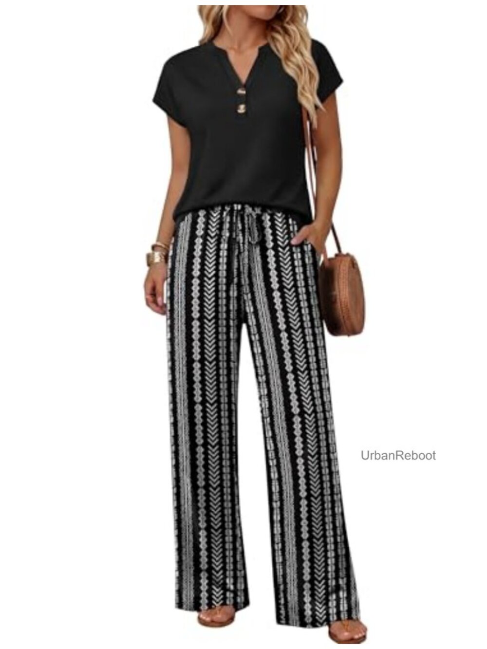 Women's Two Piece Wide Leg Lounge Pant Set Short Sleeve V-Neck Top